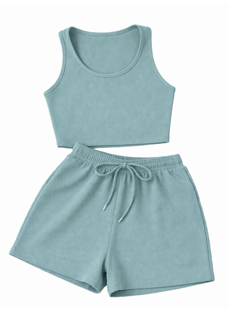 نايلتون طقم نسائي مكون من توب قصير مضلع وشورت عالي الخصر، مناسب للارتداء اليومي والرياضي - توب بياقة دائرية وشورت برباط - Image 2